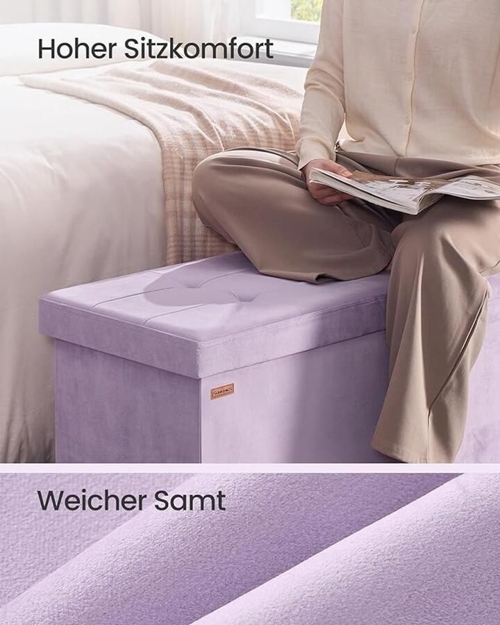 Inklapbare poef met opbergruimte – 38x110x38 cm voetenbank en opbergdoos draagvermogen tot 300 kg lavendelpaars (LSF277P01)