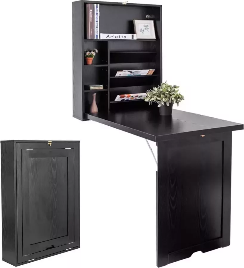 Inklapbare wandtafel met 2 in hoogte verstelbare planken bartafel hout computertafel met opbergruimte tafel ideaal voor keuken woonkamer werkkamer en bar (zwart)