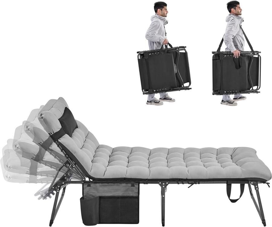 Inklapbare Zonneligstoel met Dikke Matras en Kussen Verstelbare Rugleuning tot 136kg