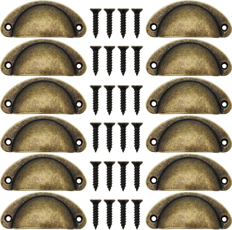 Inovra Plus 12 stuks handgrepen voor ladekasten retro meubelknoppen halve cirkel kast handvat antiek brons met schroeven 82 mm