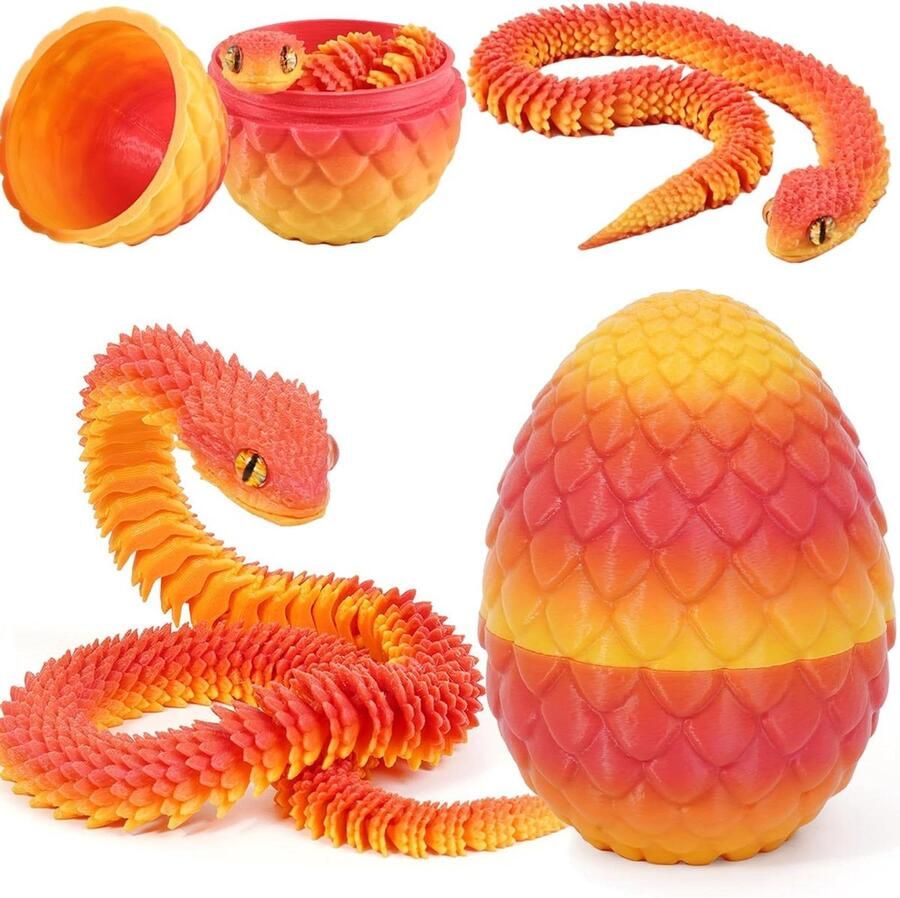 Inovra Plus 3D Geprinte Slang en Drakenei Voor Kinderen Speelgoed Dieren voor Bureau Woondecoratie Goud-Rood Kleurige Cadeau