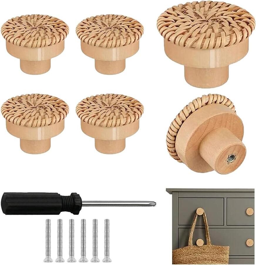 Inovra Plus Houten Meubelknoppen met Intrekbare Schroevendraaier Set van 6 Stuks Voor Kasten en Meubels Rotan Design Handgrepen voor Meubelkastlade