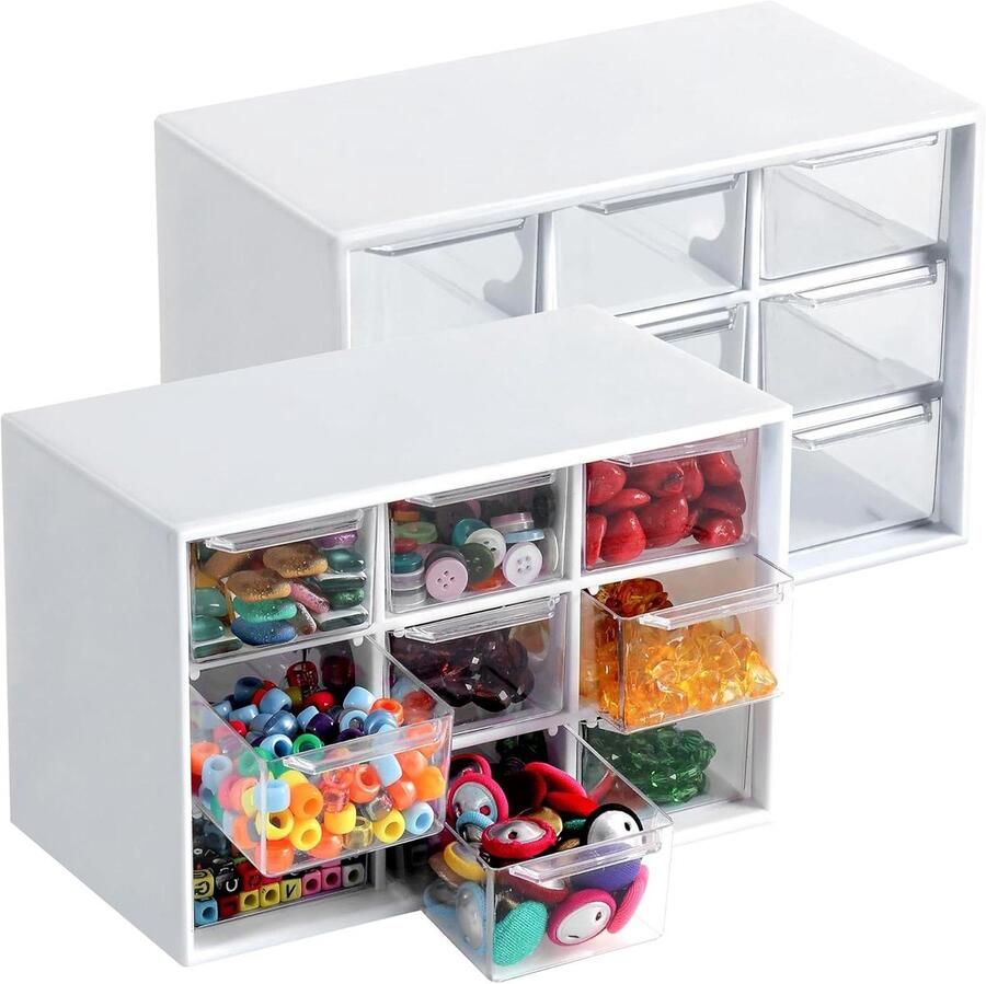 Inovra Plus 9-lade Opbergbakken [2 Stuks] Transparant & Wit Bureau Organizer Verwijderbare Plastic Mini Lades met Leuke Ontwerpen Mini Opbergdozen voor Kantoorbenodigdheden Naaien & Hobbybenodigdheden