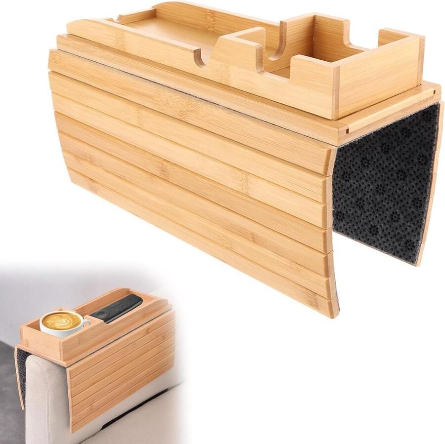 Inovra Plus Bamboehouten bijzettafeltje met flexibel dienblad voor armleuning antislip opvouwbaar Ideaal voor afstandsbediening en snacks