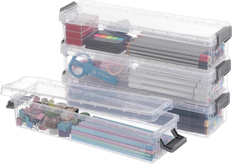 Inovra Plus Clear Opbergdozen 4-pack voor Potloden Multifunctioneel Voor Thuis Kantoor Stapelbare Transparante Opbergdozen Organizer Met Grijze Knop Grijs Design Ruimtelijke Plastic Opbergdozen