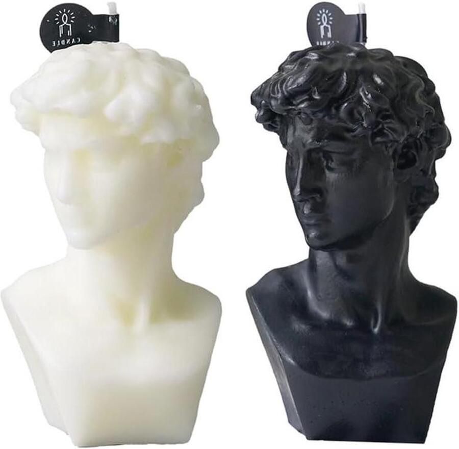Allecto Plus 2 stuks David Bust standbeeld geurkaars 110G Griekse esthetische decoratie tafel decoratie verjaardagscadeau zwart wit