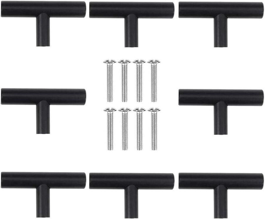 Inovra Plus Deurladen 8 stuks deurknoppen moderne zwarte T-greep keuken en badlades Verbeterde deurgrepen: set van 8 metalen deurknoppen voor kasten inclusief schroeven. Perfect voor keukenkasten badkamerlades en schoenenkasten