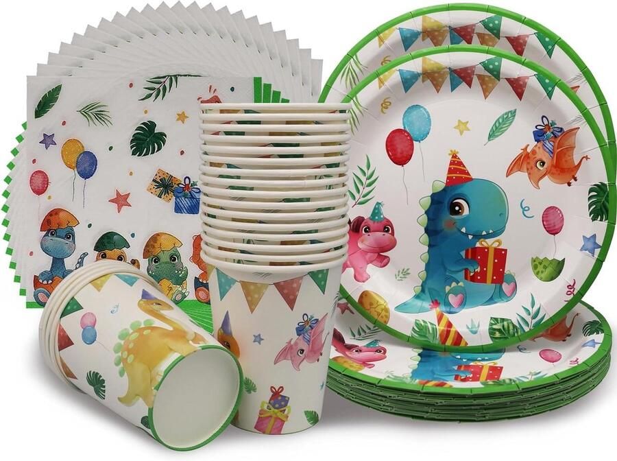 Inovra Plus Dinosaur Tafelgerei Set Verjaardagsfeest Benodigdheden Regenwoud Thema Origineel en Leuk Eettafel Decoratie Voor 20 Gasten 60 Stuks