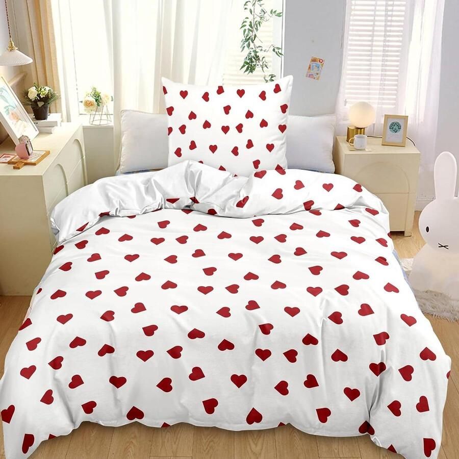 Inovra Plus Esthetisch Romantisch Wit Dekbedovertrek 135 x 200 cm met Rode Hartjes Microvezel Tweepersoonsbed Omkeerbaar Set van 2 Kussenslopen 80 x 80 cm Eenpersoonsbed Zachte Stof