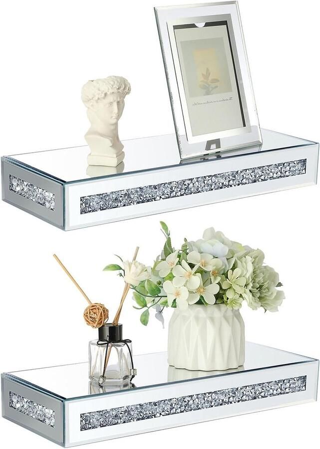 Inovra Plus Glazen Drijvende Planken Met Diamanten Decoratieve Opbergplanken 38 x 15 x 58 cm Set Van 2 Stuks Wandmontage TableView weergeven Houderrek standaardplank