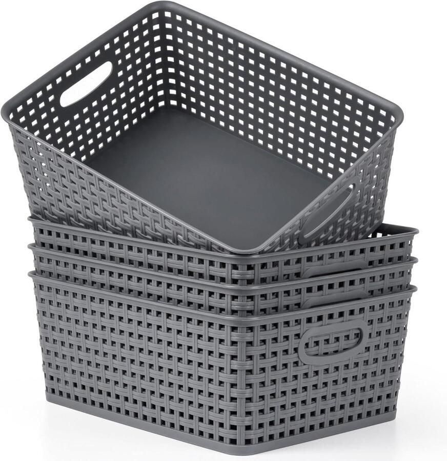 Allecto Plus Grijze Plastic Opbergmanden [4 Stuks] Geweven Plastic Opbergbakken voor Thuisorganisatie Kasten & Keukenplanken Onder de Gootsteen Wasruimte Slaapkamer Badkamer 29 x 22.5 x 12cm