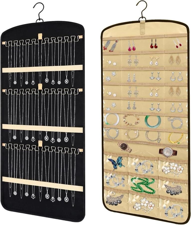 Inovra Plus Grote sieradenopbergrol met metalen hanger en 360°-haak Dubbelzijdige opberger voor oorbellen halskettingen en ringen Geschikt voor aan kast muur deur of kledingkast Zwart