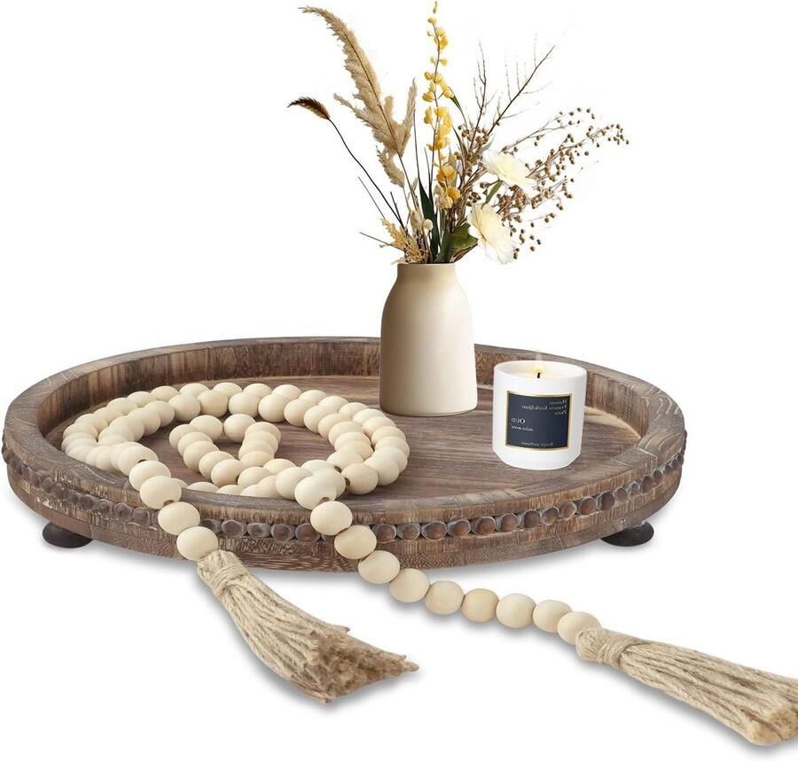 Inovra Plus Houten dienblad met kralen slinger voor woondecoratie Salontafel en eettafel decoratie Bruin hout