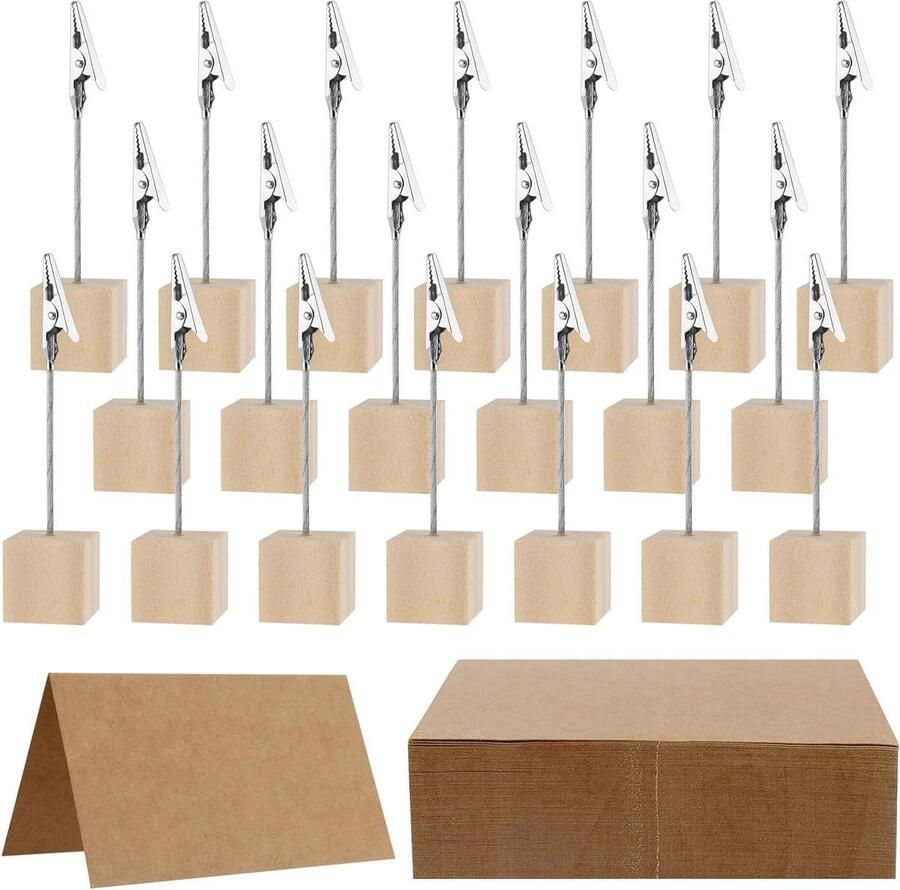 Inovra Plus Houten tafelnummerhouder met clip 30 stuks fotoclipstandaard en kraftkaarten Tafel menustandaard voor bruiloft en diner Feest tafel nummer weergave