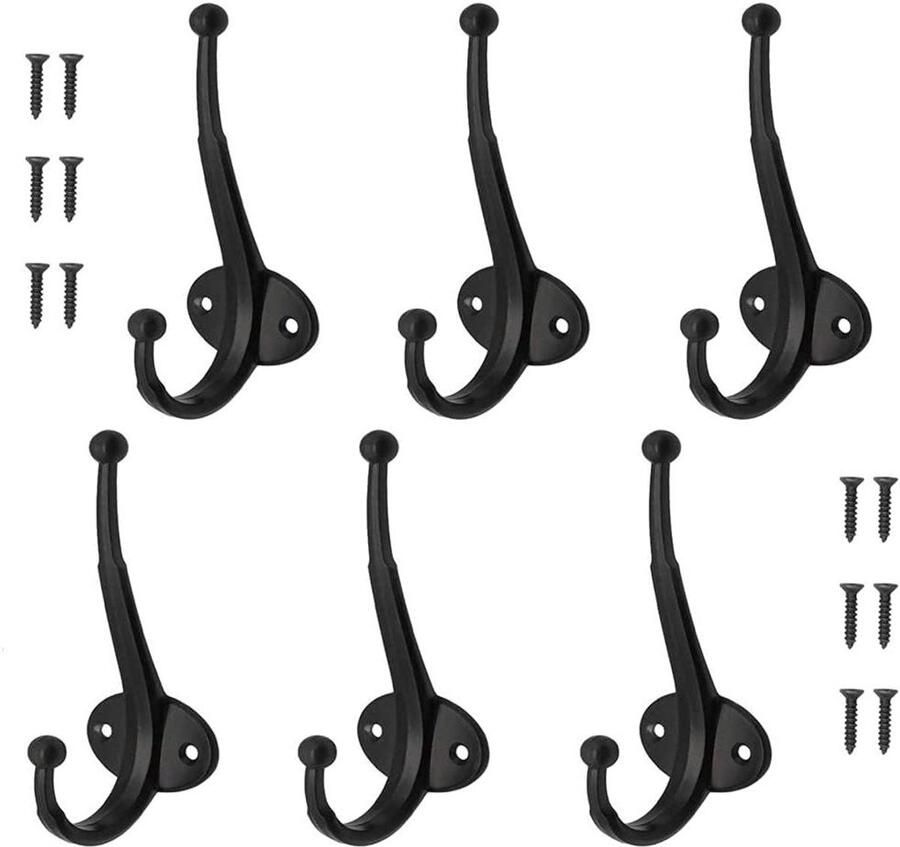 Inovra Plus Kapstokhaken Set van 6 Stuks Zwart Dubbele Haak met Schroeven voor Badkamer Keuken Slaapkamer Entree Retro Wandkapstok Metaal Deurhaak