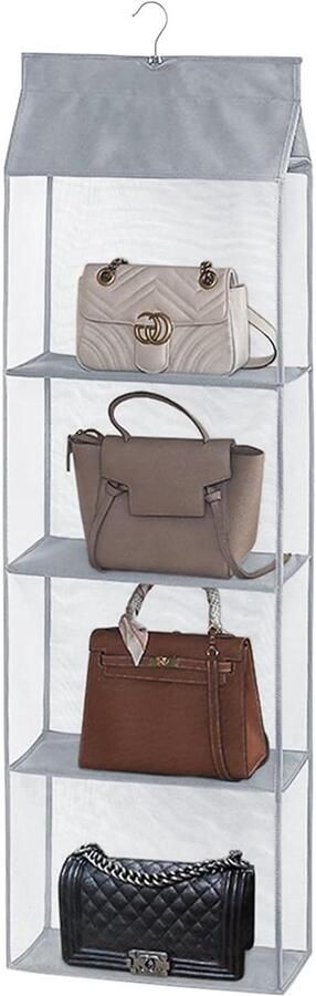 Inovra Plus Kast-tashouder voor tasorganisatie met 4 grote vakken en haken Transparante opbergoplossing voor kast in grijs Ruime tasorganizer met ophangmogelijkheid