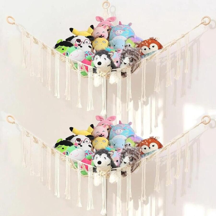 Inovra Plus Knuffeldier opbergnet set van 2 wit hoekspeelgoed organizer opbergsysteem voor knuffeldieren