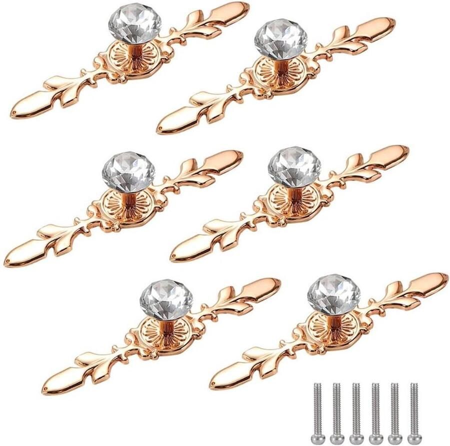 Inovra Plus Kristallen deurknopen 6 stuks gouden kastknoppen huisdecoratie en meubels diamantkristal schuiflade pull-greep ladeknoppen met schroef 116 mm