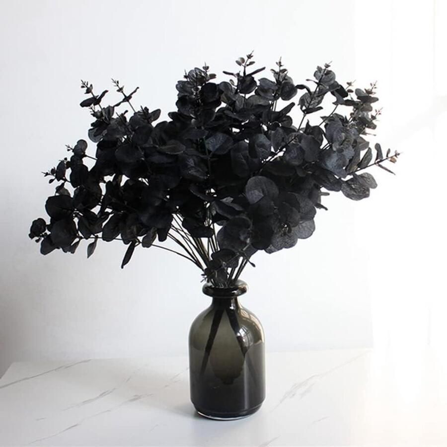 Inovra Plus Kunstmatige Eucalyptus Bladeren Takken Herfst Bruiloft Decoratie Thanksgiving Halloween Centerpiece Eettafel Decor Zwart Set van 3 stuks