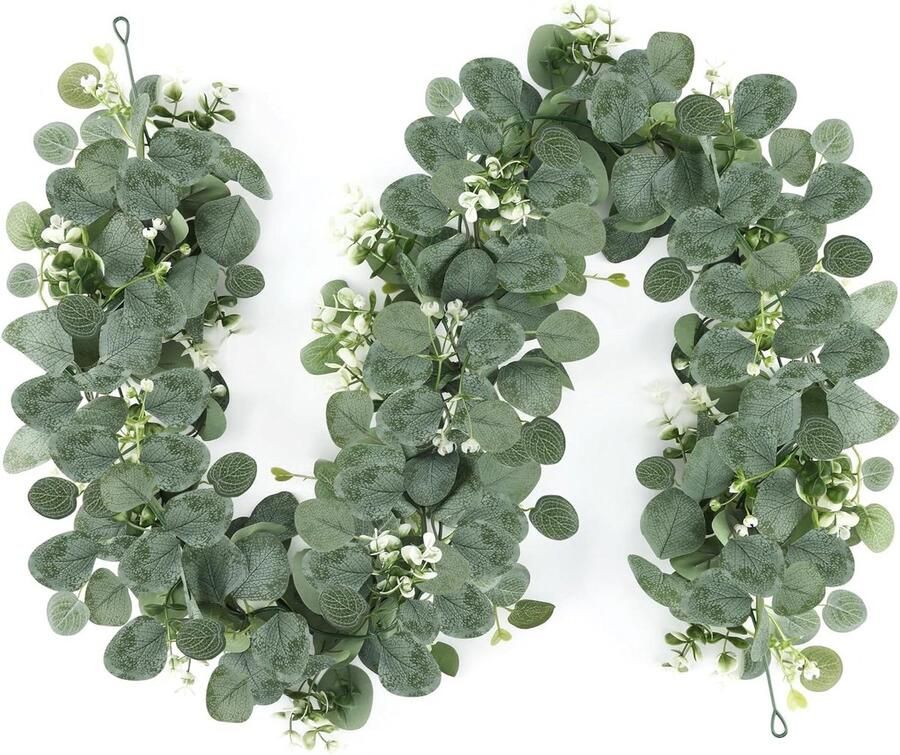 Inovra Plus Kunstmatige Eukalyptus Girlande 1.8m 2 stuks Decoratieve Hangplant met Witte Bloemen en Bessen Geschikt voor Bruiloften en Feesten Voor Eettafels Kaminsimse en Trapdecoratie