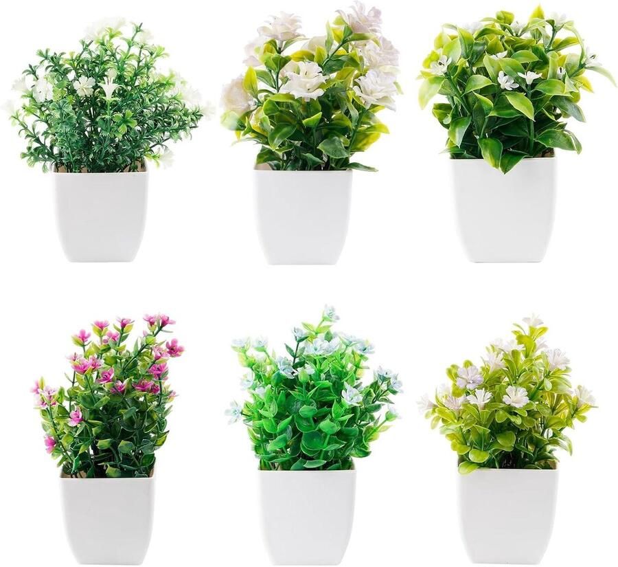 Inovra Plus Kunstplanten Set van 6 stuks inclusief potten voor huis en balkon Decoratieve mini-kunstplanten voor bureau en badkamer Kunstplanten decoratie met plastic planten