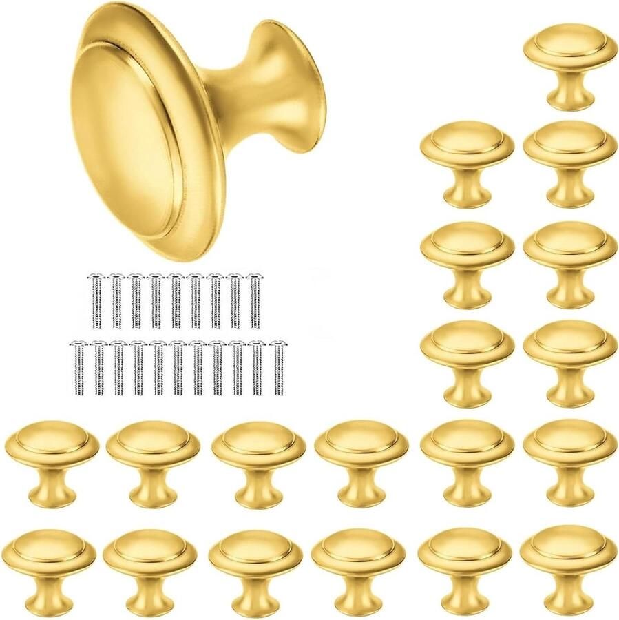 Inovra Plus Meubelknoppen Set van 20 stuks Geborsteld goud Klein design Retro stijl Eenvoudige handgreep Voor kasten en keukenkasten Met één gat 27 x 23 mm Vintage en stijlvol