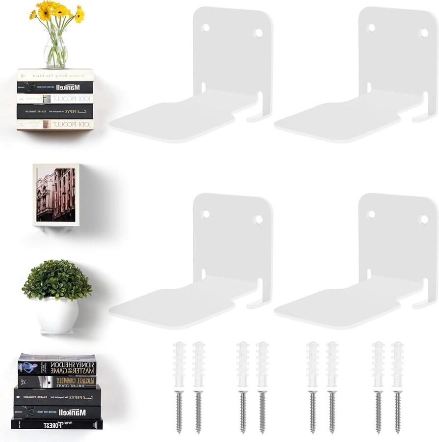 Allecto Plus Zwevende Witte Planken (4 Stuks) Stevige IJzeren Wandplanken voor Thuis Kantoor Slaapkamer Woonkamer Onzichtbare Decoratie & Boeken Opbergers