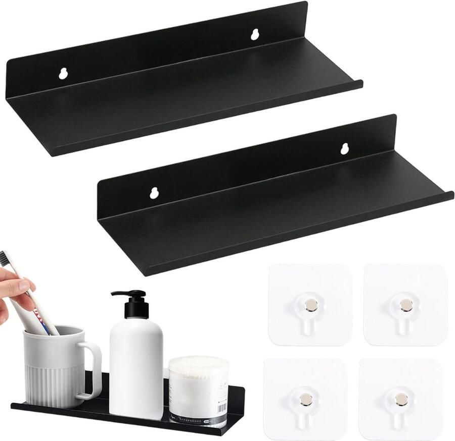 Inovra Plus Pack van 2 kleine wandplanken Zelfklevende fotolijsten Zwarte wandplank Zwevende plank Geen boren Boekenplank muur voor Keuken Woonkamer Kantoor Thuis (20 x 8.5 x 5 cm)