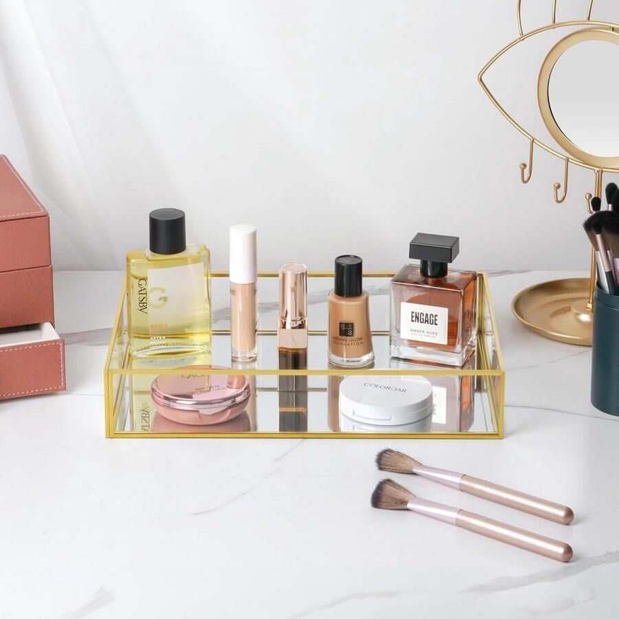 Inovra Plus Rechthoekige Spiegelende Sieradenschaal Glas met Anti-slip Bodem Voor Kaptafel Badkamer Slaapkamer & Dressoir Make-up & meer 30.5 x 20.5 x 5.5cm