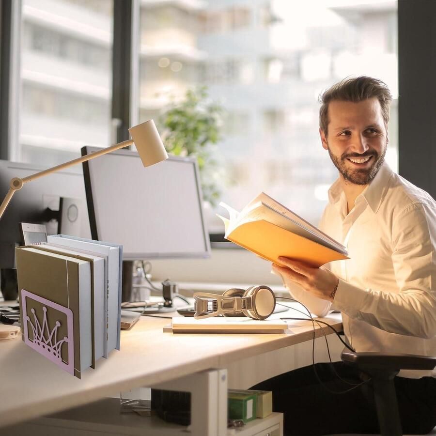 Inovra Plus Roze metalen boekensteunen voor kinderen en studenten Koning en koningin kroon design Antislip bureau organizer Boekenplank verdeler voor thuis Hol design IJzeren houder met unieke uitstraling