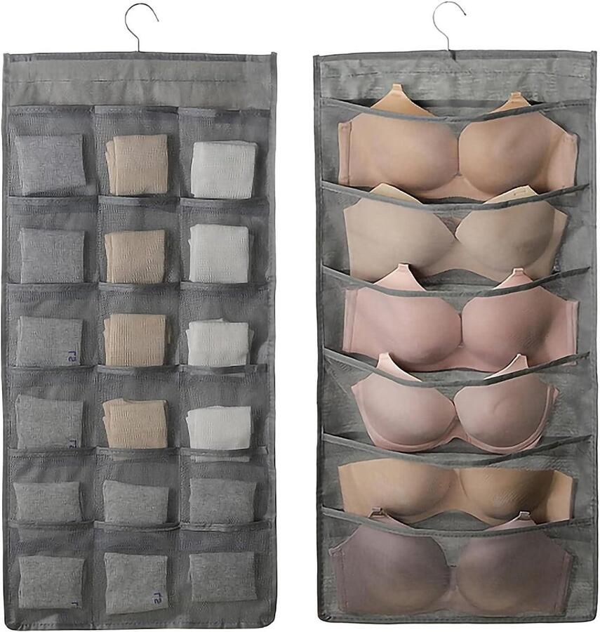 Inovra Plus Ruimtebesparende Dubbelzijdige Hangende Garderobe Organizer 2 Pack Grijs Opbergsysteem met 48 Mesh Zakken Hangende Kast Organizer met Dubbelzijdige Houder
