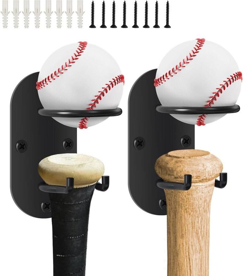 Inovra Plus Set van 2 wandgemonteerde opbergrekken voor honkbalknuppel metalen displayhouder organisator (zwart)