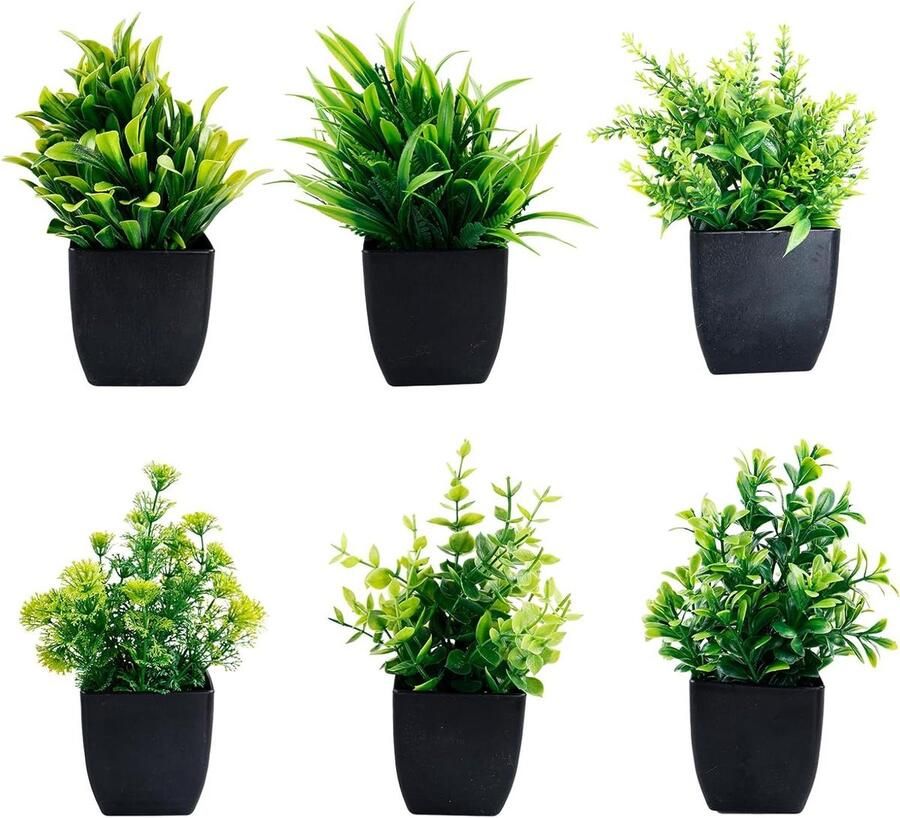 Inovra Plus Set van 6 kleine kunstplanten in pot Decoratieve mini-kunstplanten voor huis bureau en balkon Kunstdecoratie voor badkamer Realistische plastic planten Groen en sfeervol