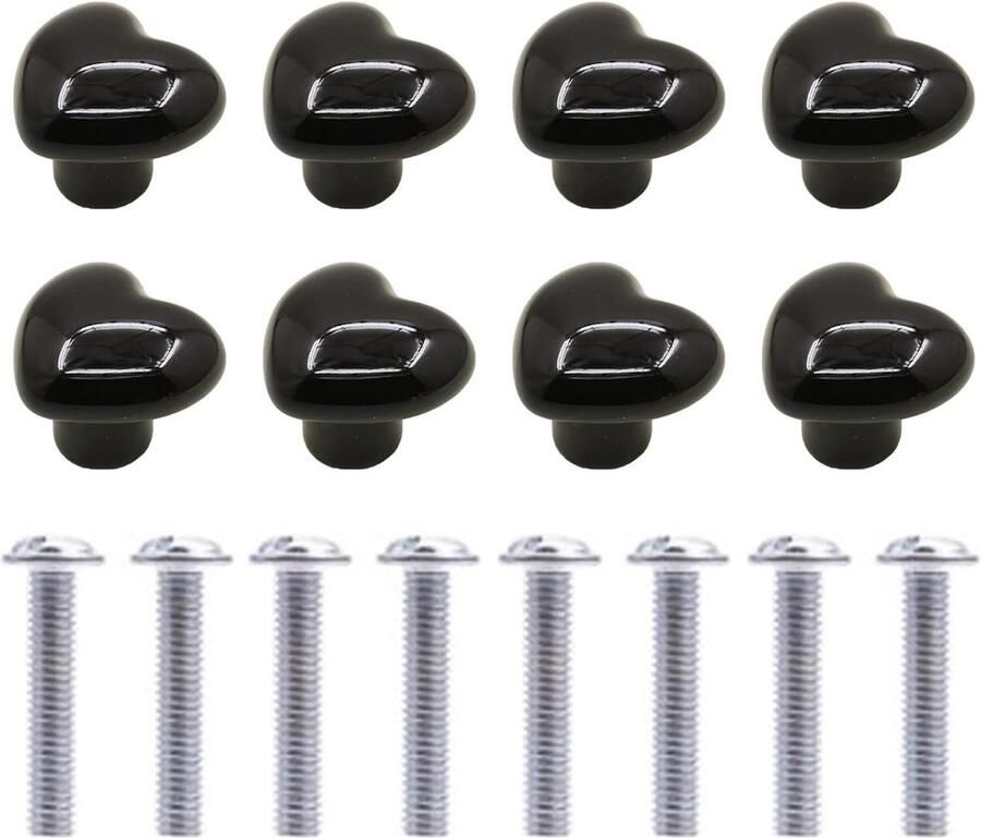 Inovra Plus Set van 8 hartvormige keramische kastduwknoppen Zwart Meubelknoppen met schroeven Decoratieve kast & lade handgrepen