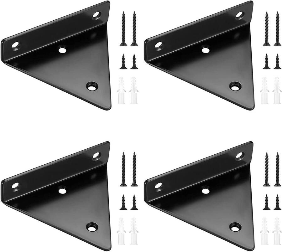 Inovra Plus Verborgen Driehoekige Steunen Set van 4 Zwevende Plankhouders voor Houten en IJzeren Planken in Zwart Onzichtbare Wandbevestiging met Toepassingen