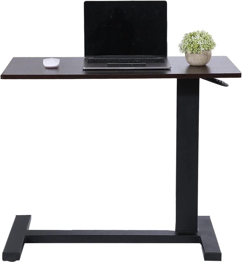 Inovra Plus Verstelbare Bijzettafel met Wieltjes C-vormige Salontafel van Metaal en Spaanplaat Zwart 40 x 80 x 69-89 cm Bedtafel Laptoptafel