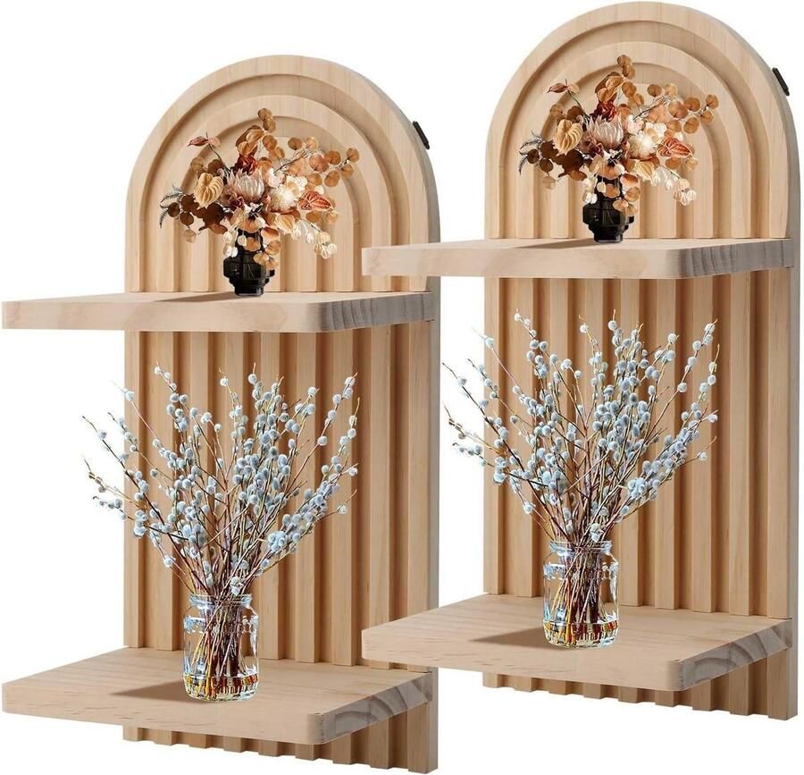 Inovra Plus Wandplanken hout 2 stuks boho design zwevende planken voor woonkamer en slaapkamer Moderne muurdecoratie met dubbellaagse boho wandplank Houten gebogen wandplank in halverwege de eeuw stijl Badkamer decoratie huisinrichting
