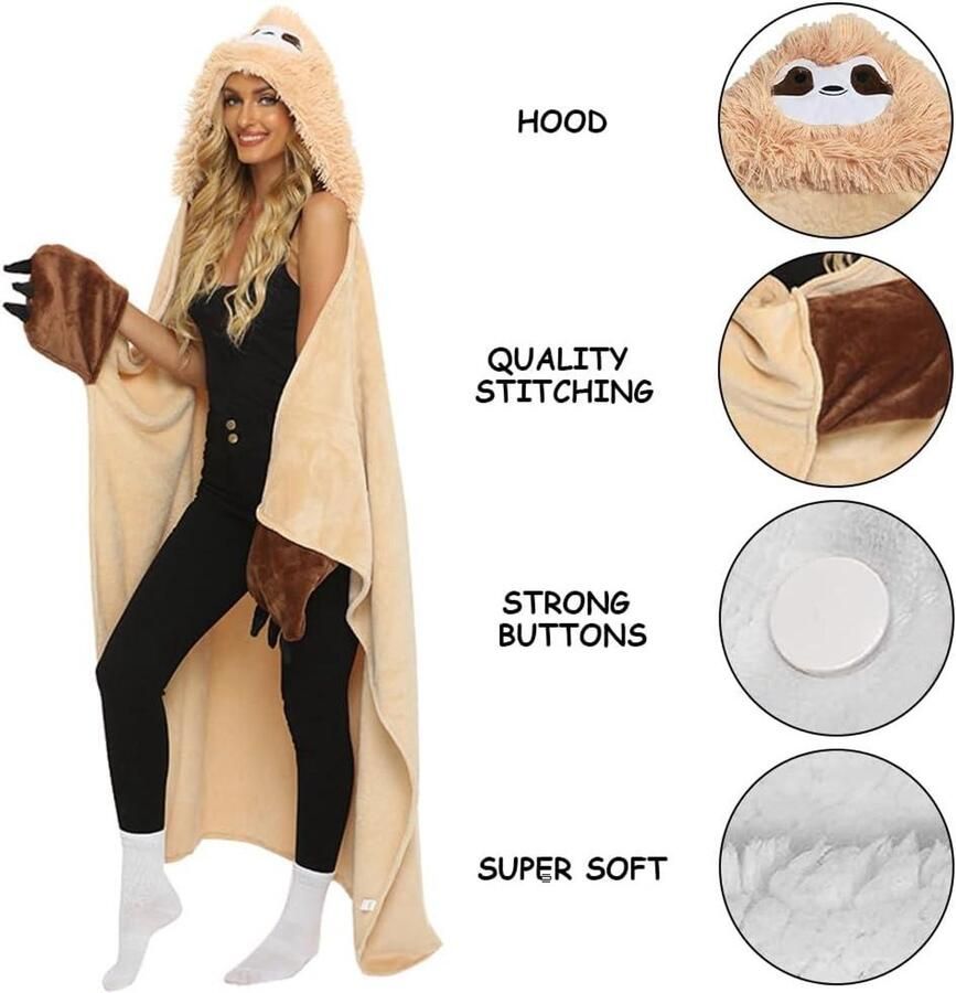 Inovra Plus Zachte Luiaarddeken met Capuchon en Handschoenen Ideaal Verjaardagscadeau voor Vrouwen Draagbare Knuffeldeken voor Bank Pluizige Dierendeken voor Optimaal Comfort Slaap- en Ontspanningsaccessoire