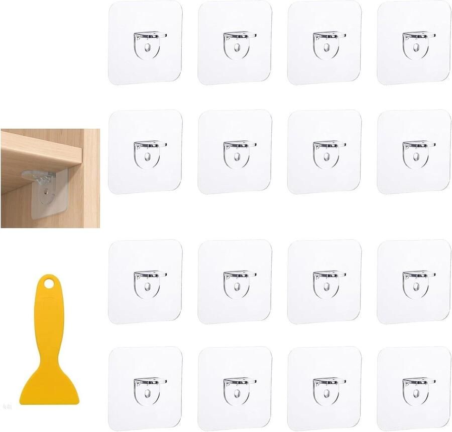 Inovra Plus Zelfklevende Plankdragers (16 stuks) Doorzichtige Kastbeugels zonder Boren 15kg Draagvermogen Voor Planken Rekken Kledingkast Keuken & Woonkamer