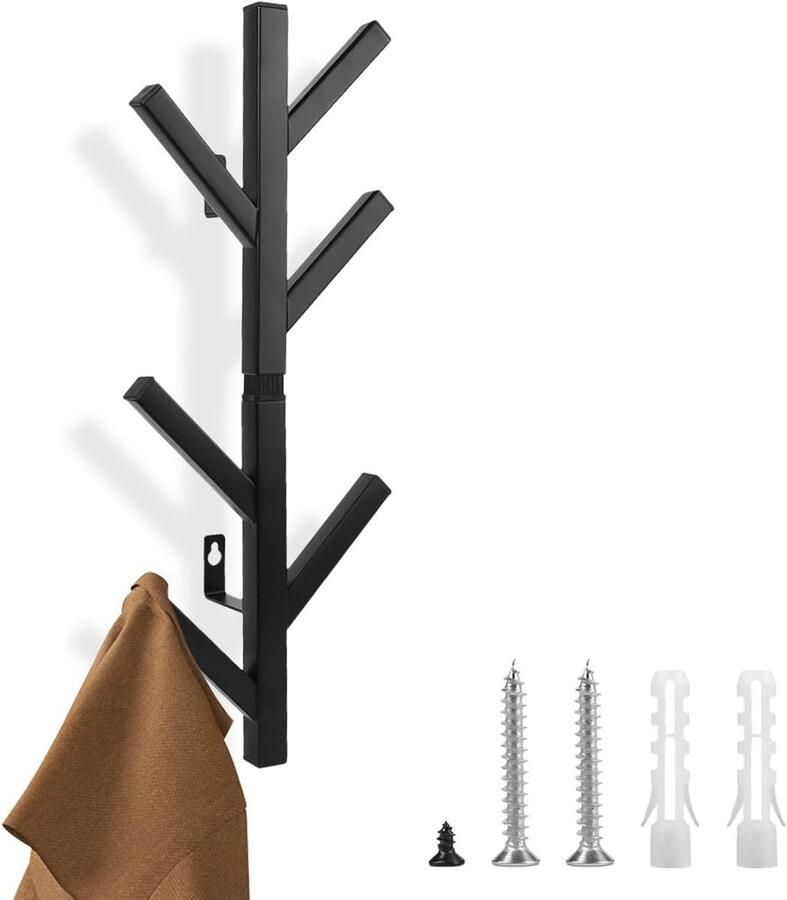 Inovra Plus Zwarte wandkapstok metaal 40 cm met 6 boomvormige haken voor hal en slaapkamer