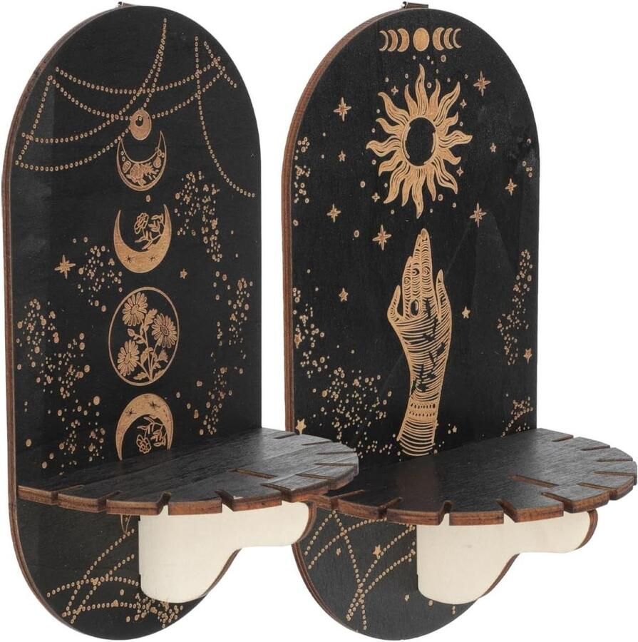 Inovra Plus Zwarte wandplank kristal hout wandrek 2 stuks voor heksengereedschap en Witchy Room Decor met kristallen en etherische olie opslag