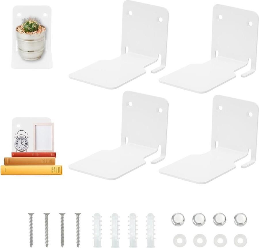 Inovra Plus Zwevende Boekenkast van Metaal voor Wandmontage in Wit 4-delig Ideaal voor Slaapkamer Woonkamer en Kantoor