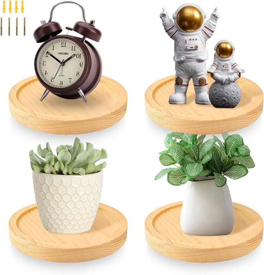 Inovra Plus Zwevende planken set van 4 stuks Diameter 15 cm Wandrek hout Kleine wandplank Plantenwandhouder Bloempot of vaas Wanddecoratie