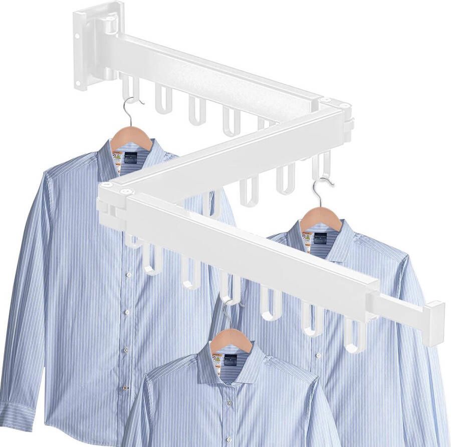 Intrekbaar kledingrek met 18 haken 90 + 24 cm wandhouder opvouwbaar kledingrek voor balkon wasruimte kast keuken badkamer slaapkamer (wit)