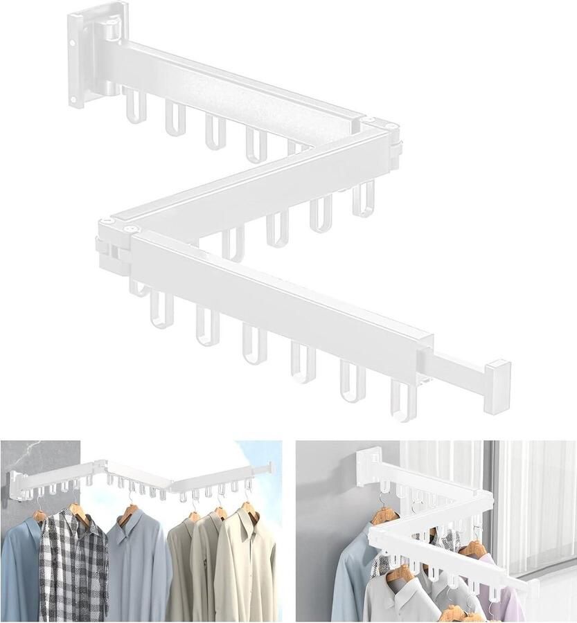 Intrekbaar kledingrek met 18 haken Opvouwbaar Voor balkon wasserij kledingkast Wit Opvouwbare kledingrek