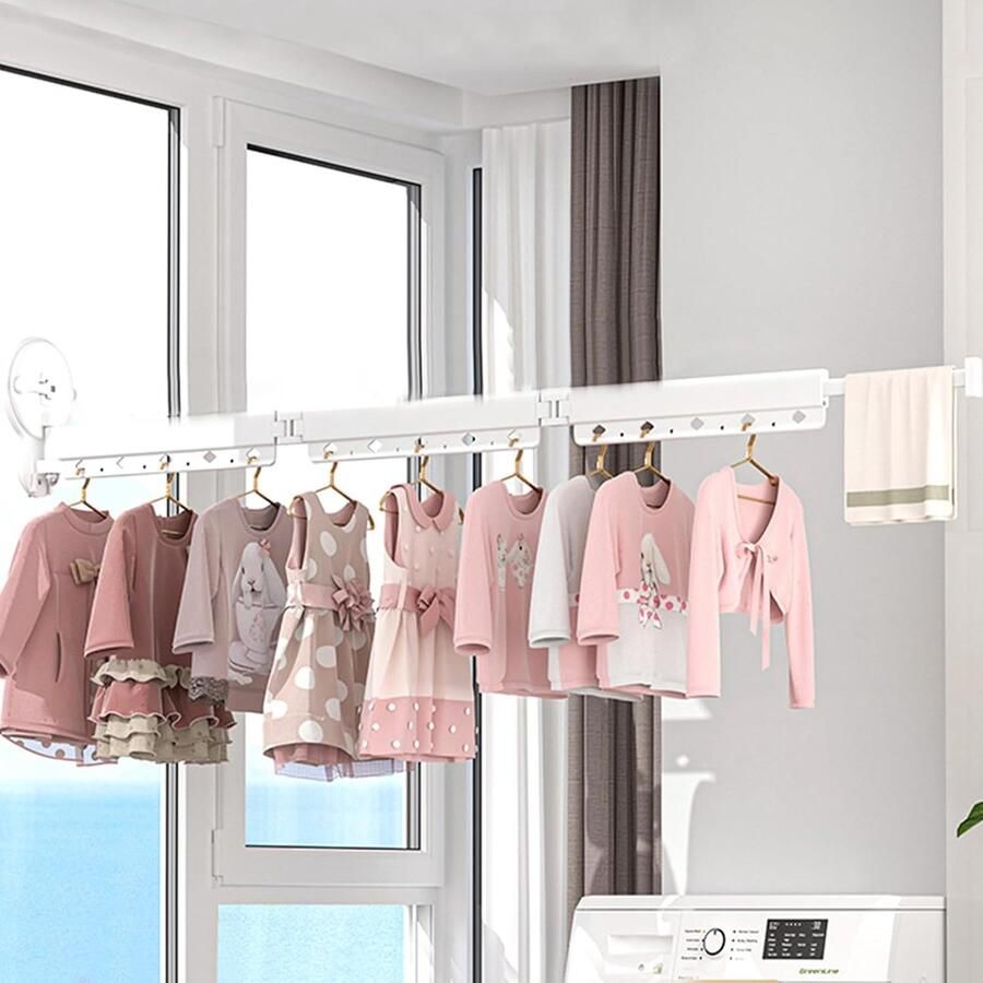 Intrekbaar kledingrek met haken ideaal voor badkamer en balkon 3-voudig wit aluminium