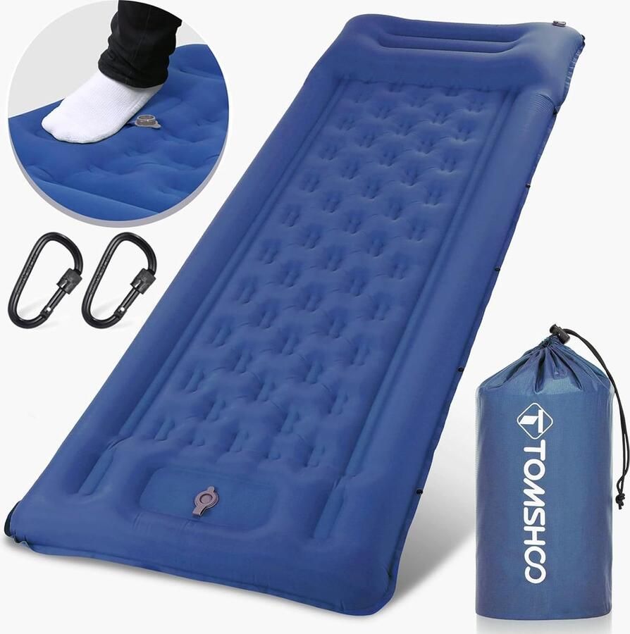 Isomat Camping Outdoor opblaasbaar luchtmatras met geïntegreerde voetperspomp kussen karabijnhaken opbergtas campingmatras slaapmat kleur blauw