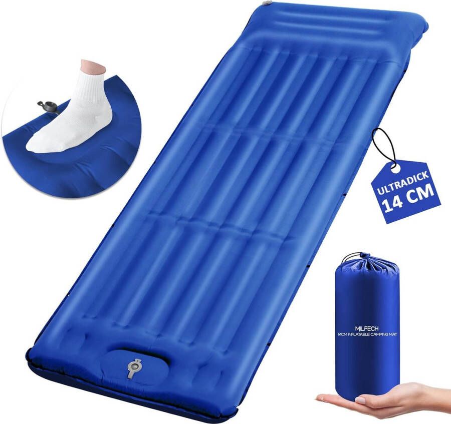 Isomat zelfopblazend 14 cm opblaasbaar luchtmatras met voetperspomp en geïntegreerd hoofdkussen ultralichte slaapmat waterdicht outdoor isomat voor kamperen wandelen (blauw)