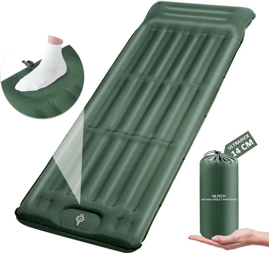 Isomat zelfopblazend opblaasbaar luchtmatras met voetperspomp en geïntegreerd hoofdkussen ultralichte isolatiemat waterdicht outdoor slaapmat voor kamperen wandelen 14 cm groen