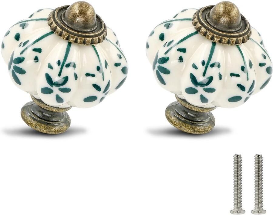 Ivoor en groene pompoenknoppen 2-pack porseleinen kastknoppen vintage ladegrepen antieke ladegrepen met schroeven groene bloem